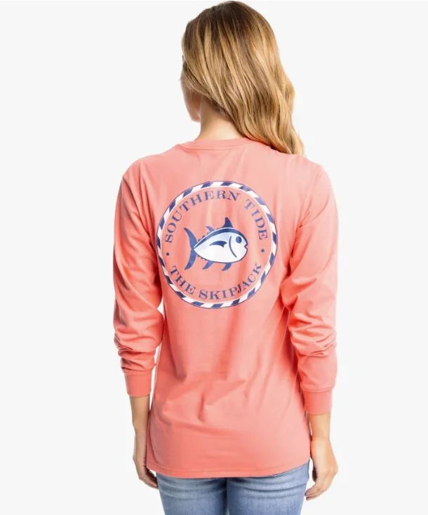 Southern Tide Long Sleeve Original Medallion Skipjack Tee Rouge Red Houndstooth Herringbone Solid