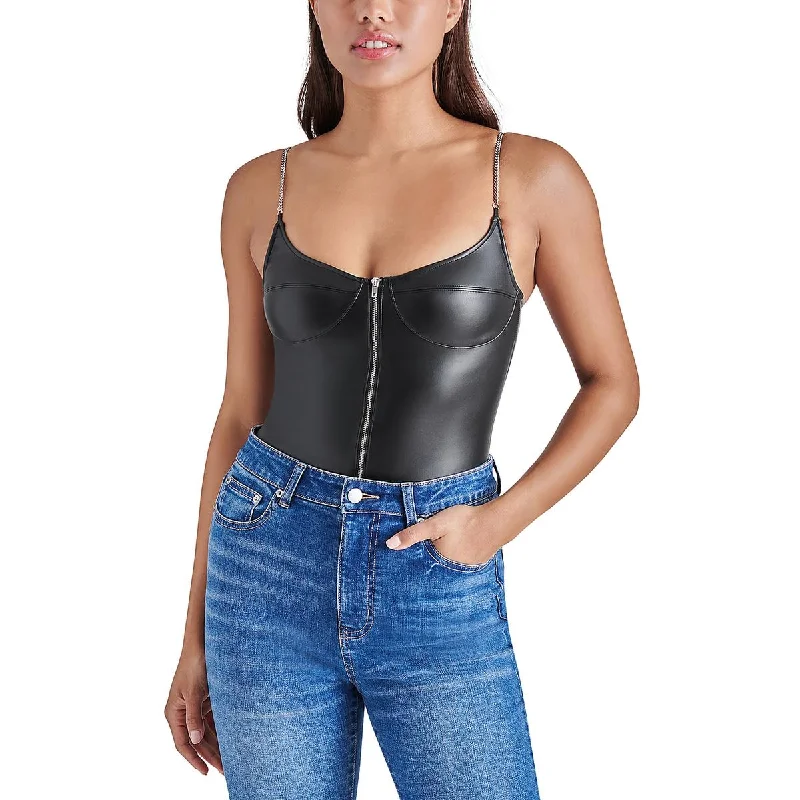 Steve Madden Womens Haven Faux Leather Chain Straps Bodysuit Fashionable Embellished Bodysuit