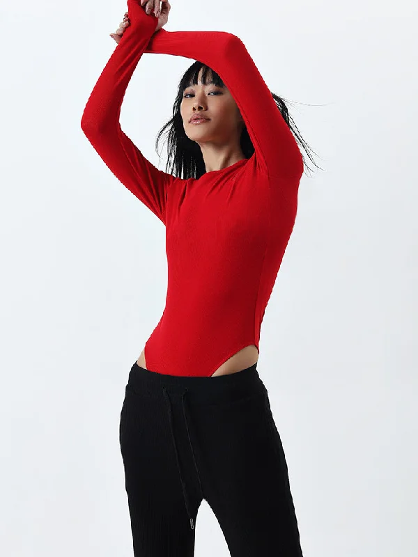 Studiofit Red Ribbed Bodysuit Comfortable Shaping Bodysuit