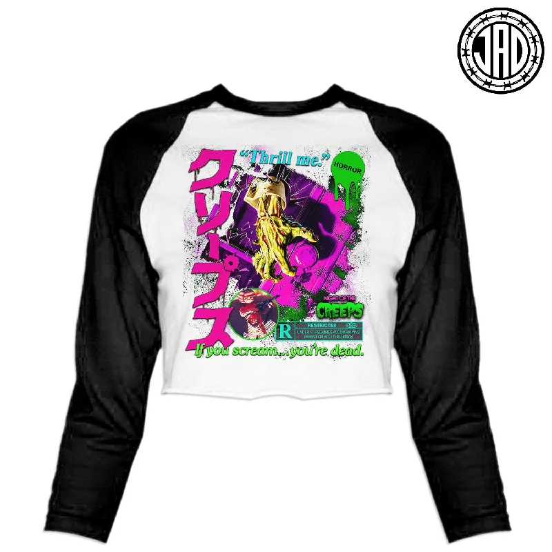 Thrill Me - Women's Cropped Baseball Tee Front Pockets Side Pockets Patch Pockets