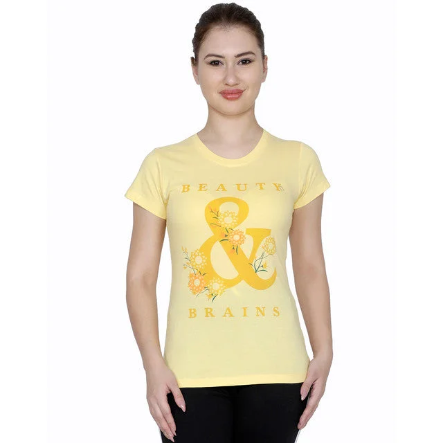 T.T. Women Slim Fit Printed Round Neck Printed T-Shirt Yellow Silk Blend Satin Velvet T.T. Women Slim Fit Printed Round Neck Printed T-Shirt Yellow Silk Blend Satin Velvet