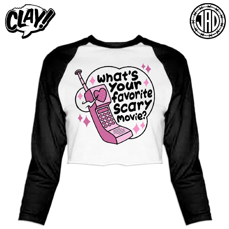 What's Your Favorite Scary Movie? - Women's Cropped Baseball Tee Asymmetrical Pockets Print What's Your Favorite Scary Movie? - Women's Cropped Baseball Tee Asymmetrical Pockets Print