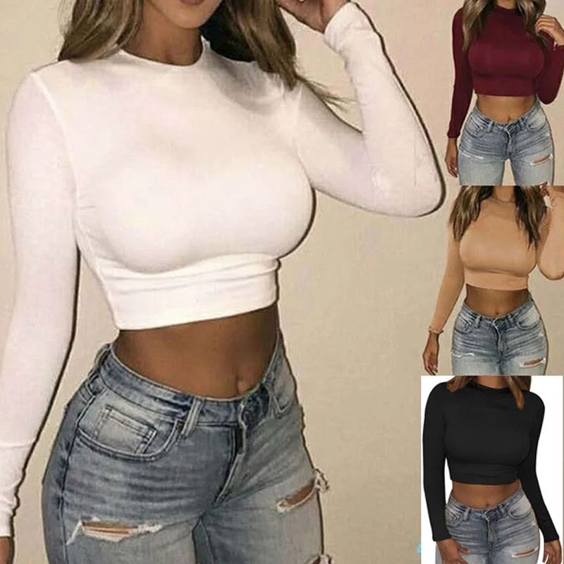 Women Sexy Bodycon T-shirts Autunmn Women Long Sleeve O-neck Crop Top Polka Dot Checkered Tartan Women Sexy Bodycon T-shirts Autunmn Women Long Sleeve O-neck Crop Top Polka Dot Checkered Tartan