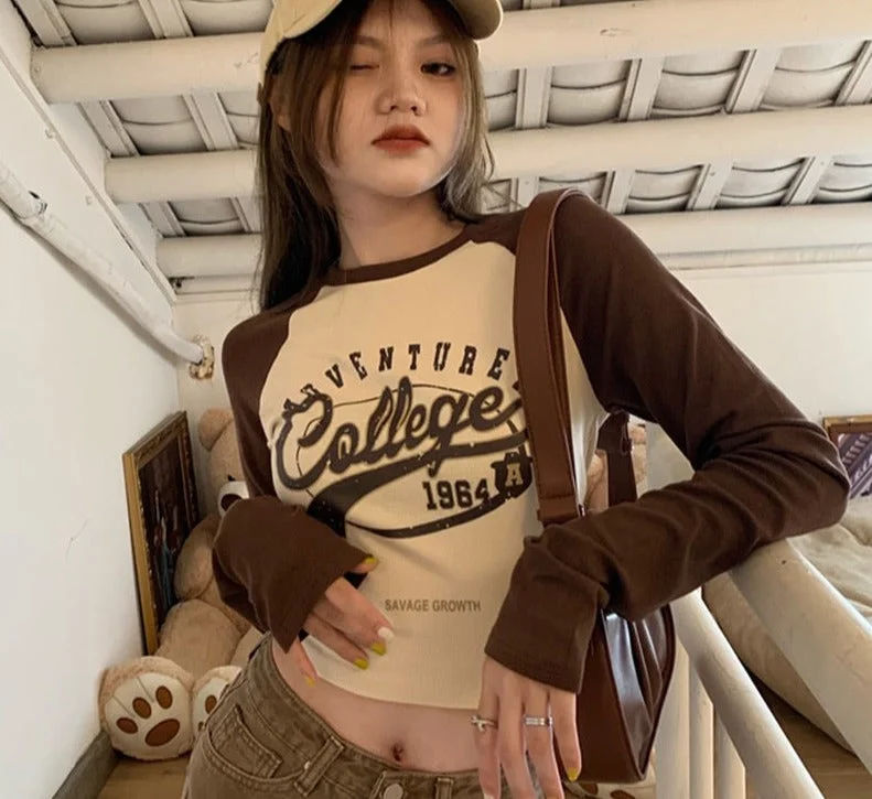 Women T-shirt Y2k Crop Top Summer Sexy Long Sleeve Print Letter Zippered Buttoned Snapped Women T-shirt Y2k Crop Top Summer Sexy Long Sleeve Print Letter Zippered Buttoned Snapped