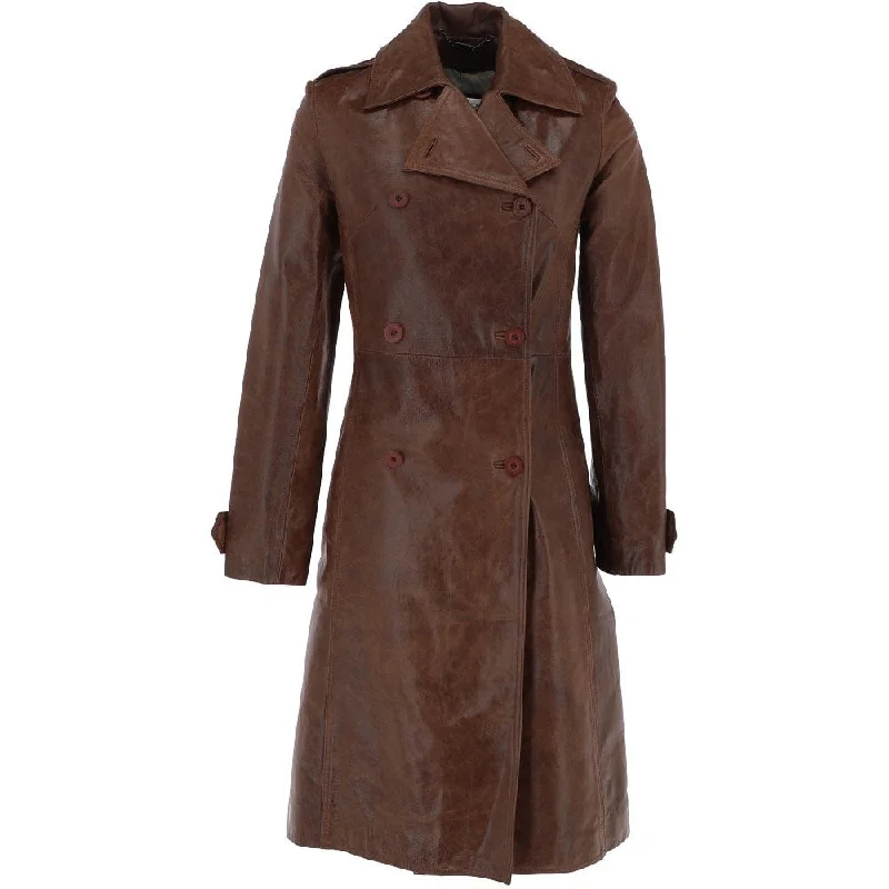 Women's 3-4 Double Breasted Mid Brown Leather Trench Long Overcoat Padded Wool Overcoat