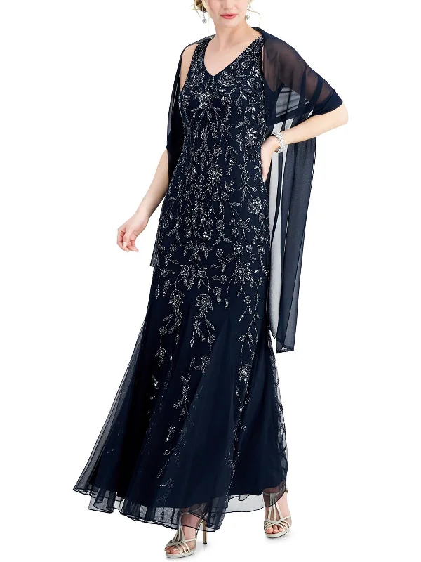 Womens Beaded V-Neck Evening Dress Tunics Luxurious high-end