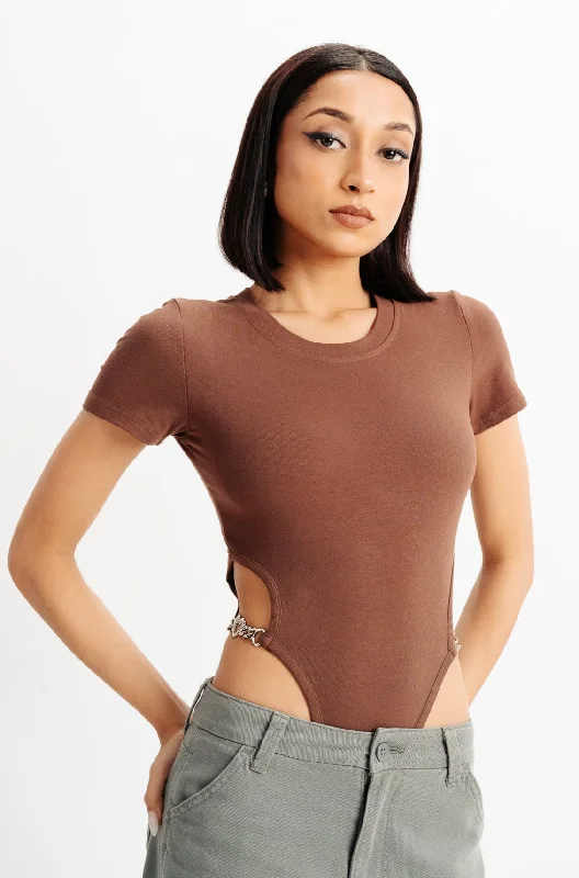 Brown Bodysuit Knit Top Comfortable Bodysuit with Deep V