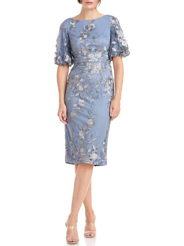 Womens Embroidered Midi Cocktail and Party Dress Boatneck Modish Everyday