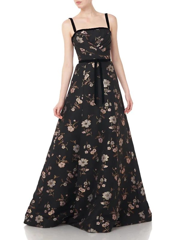 Womens Floral Metallic Evening Dress Crew Neckline Casual