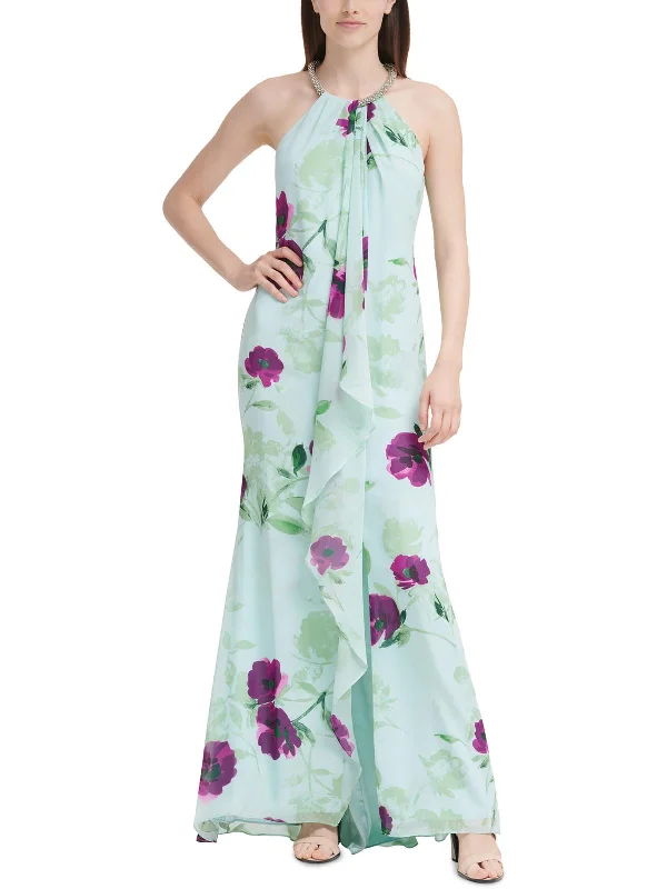 Womens Floral Print Halter Evening Dress Tunics Long Elegant