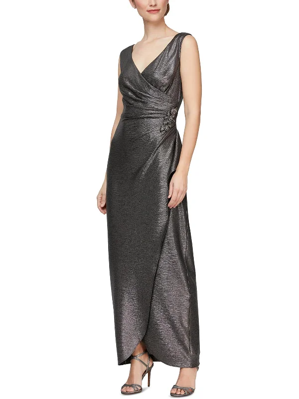 Womens Metallic Draped Evening Dress Turtleneck Warm Winter