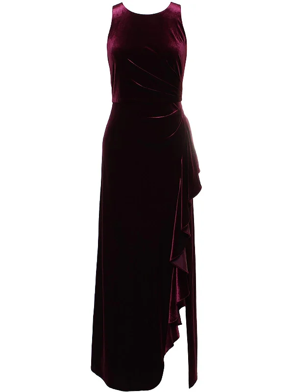 Womens Velvet Cascade Ruffle Evening Dress Boatneck Modish Everyday