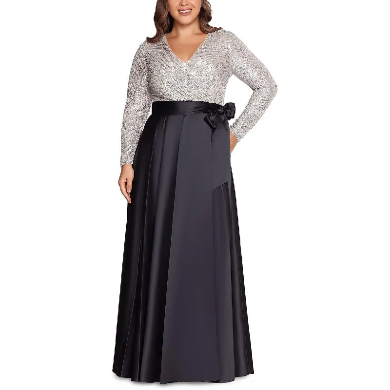 Xscape Womens Plus Sequined Faux Wrap Evening Dress Tunics Luxurious high-end