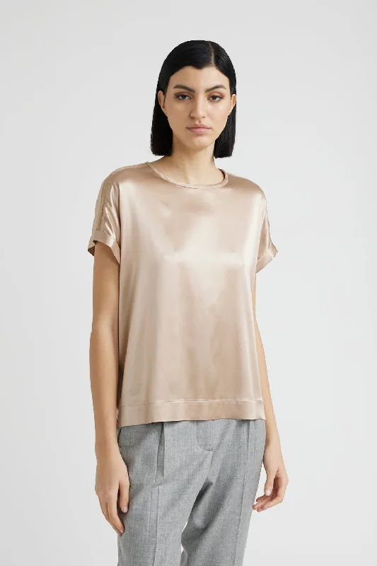 Silk satin T-shirt with Punto Luce trim Rayon Fabric Velvet Fabric Corduroy Fabric