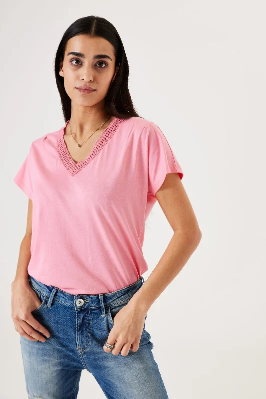 Garcia Plain V-Neck Tee - Pink Chenille Fabric Brocade Fabric Lace Fabric