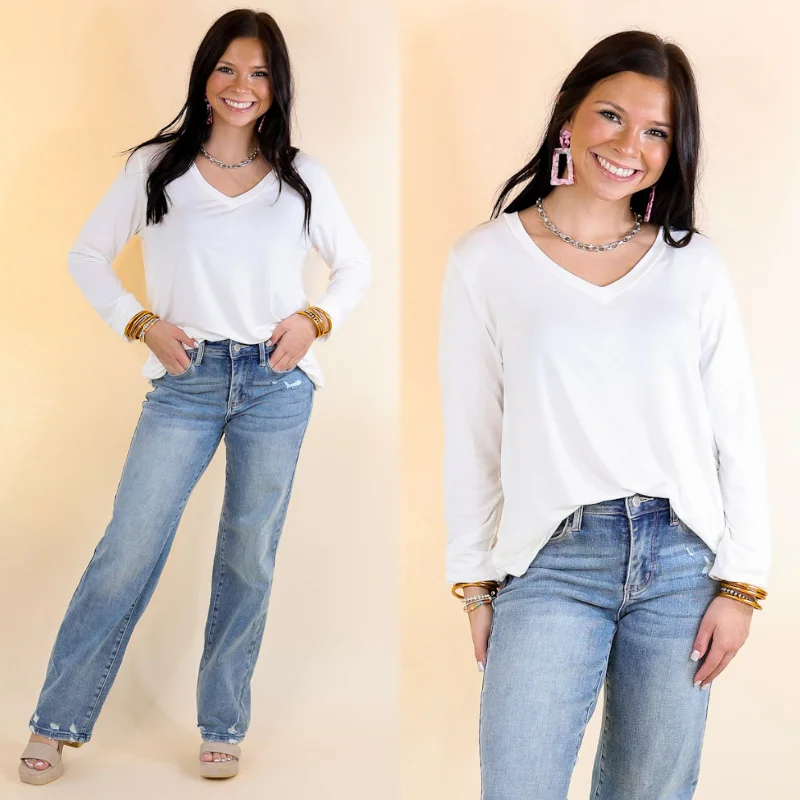 It's That Simple Solid V Neck Long Sleeve Tee in Ivory Iron Safe Non-Iron Wrinkle Free