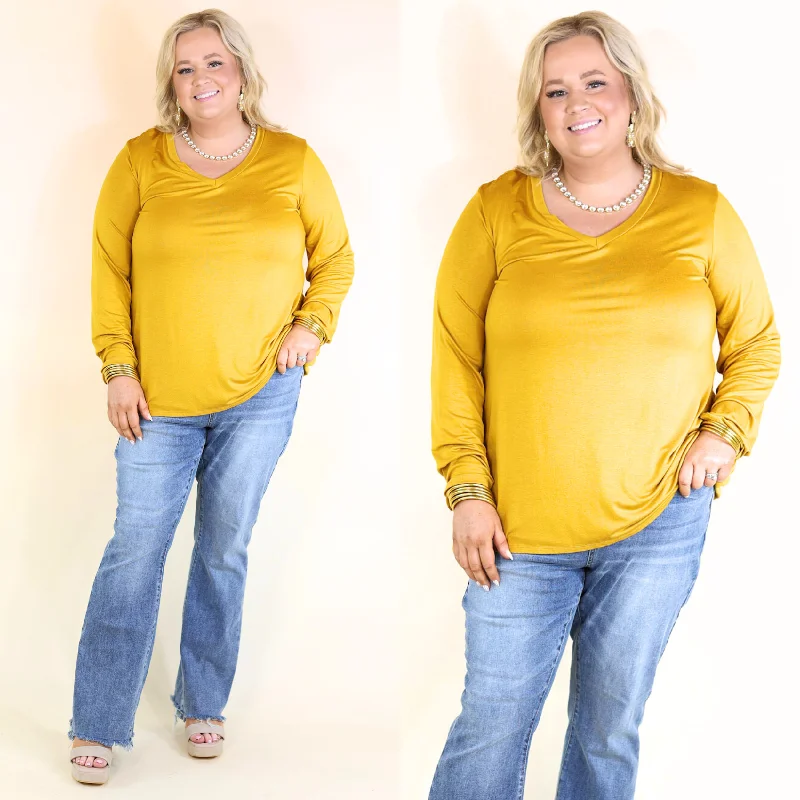 It's That Simple Solid V Neck Long Sleeve Tee in Mustard Yellow Spandex Blend Rayon Blend Denim Blend