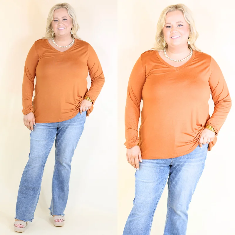 It's That Simple Solid V Neck Long Sleeve Tee in Rust Welt Pockets Slit Pockets