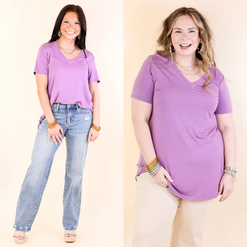 Last Chance Size Small, Medium & 3XL | It's That Simple Solid V Neck Tee in Dusty Lavender Boxy Fit Fitted Loose