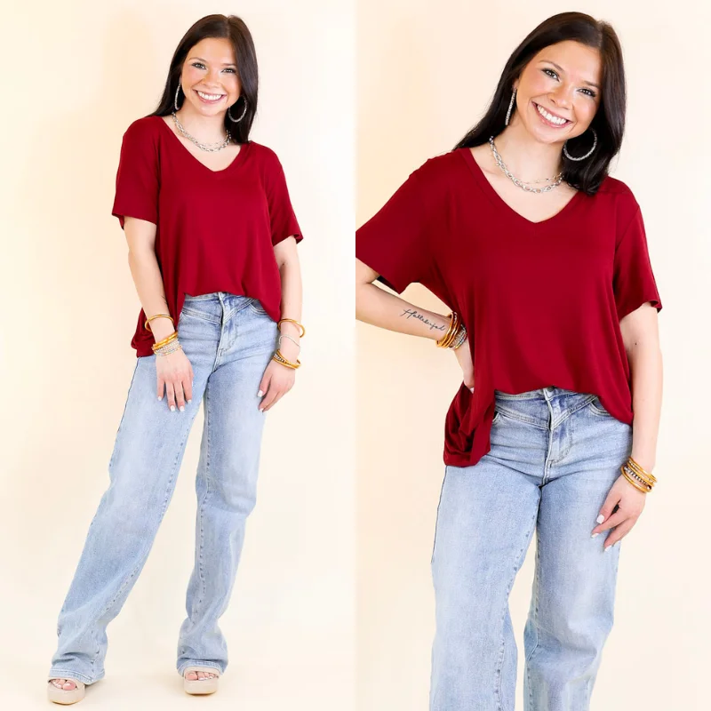 Last Chance Size Small & 3XL | It's That Simple Solid V Neck Tee in Maroon Knit Fabric Woven Fabric Fleece Fabric