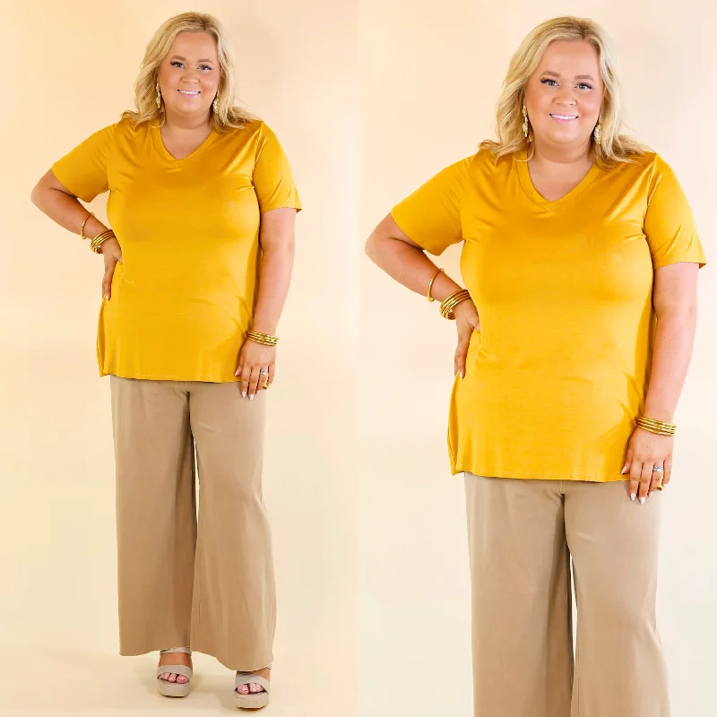 It's That Simple Solid V Neck Tee in Mustard Yellow Boxy Fit Fitted Loose