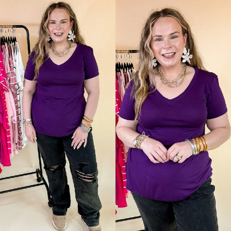 It's That Simple Solid V Neck Tee in Purple Satin Blend Silk Blend Wool Blend