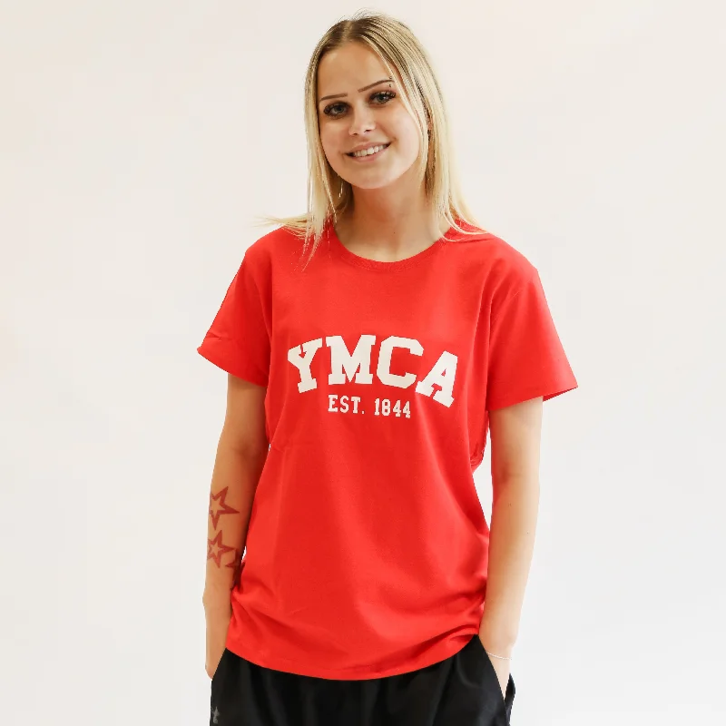 Womens Signature Tee - Red (White YMCA Print) Hooded Caped Shawl Collar