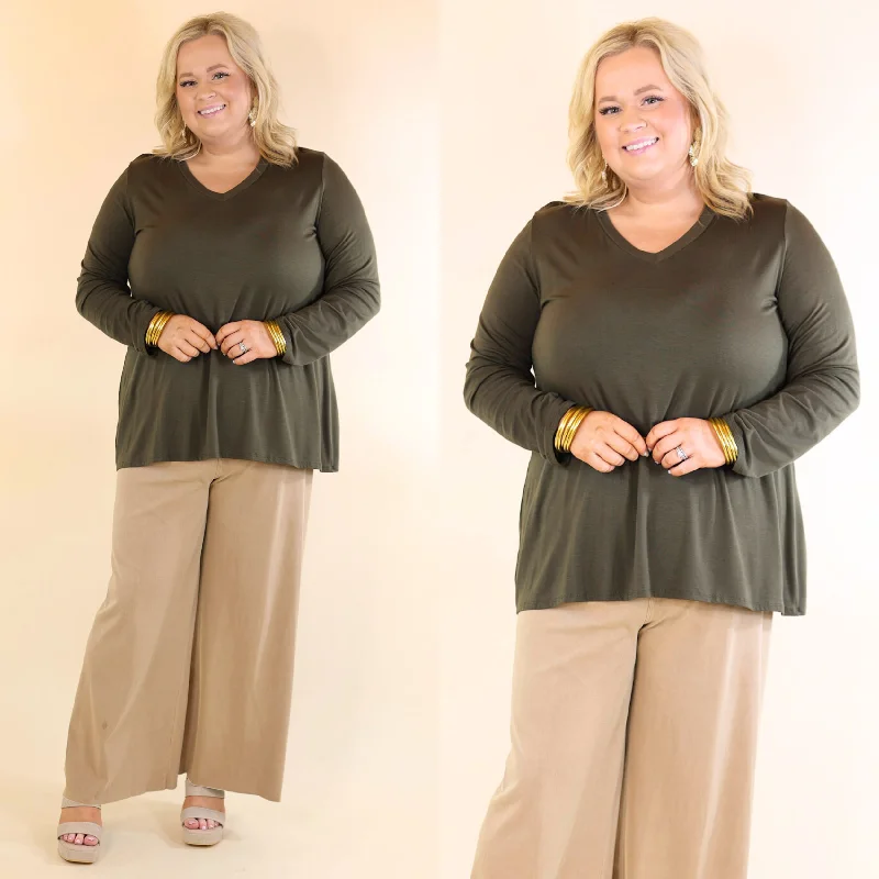 Plus Size | It's That Simple Solid V Neck Long Sleeve Tee in Olive Green Print Jacquard Patchwork