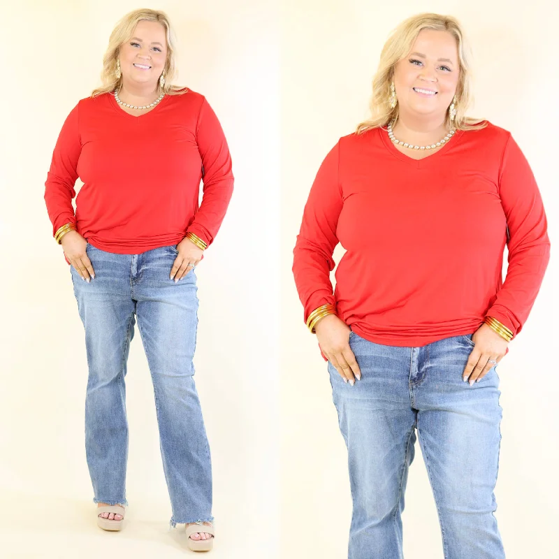 Plus Size | It's That Simple Solid V Neck Long Sleeve Tee in Red V-Neck T-Shirt Long Sleeve Cotton