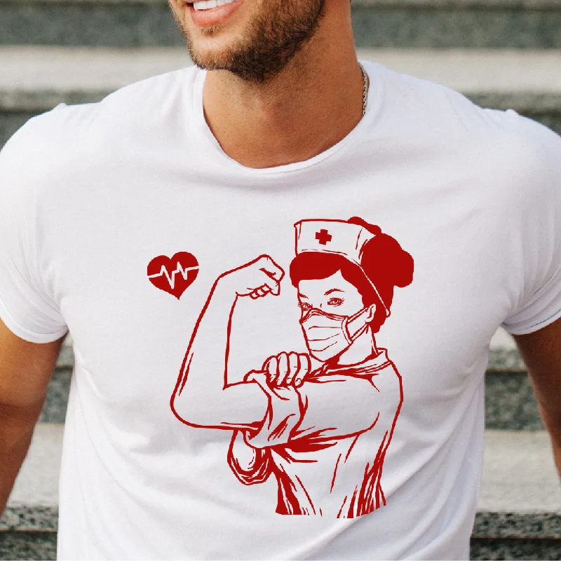 Rosie the Riveter Nurse Unisex T-Shirt Front Pockets Side Pockets Patch Pockets