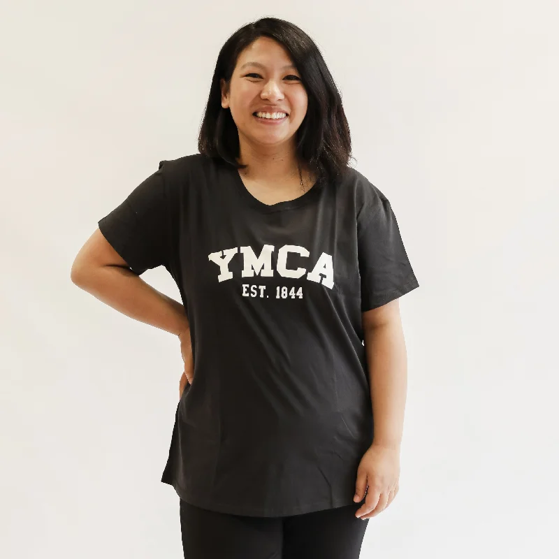 Womens Signature Tee  - Black (White YMCA Print) Satin Blend Silk Blend Wool Blend