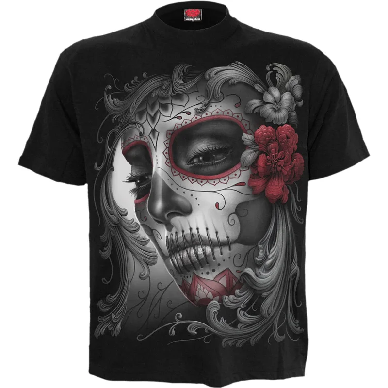 SKULL ROSES - Front Print T-Shirt Black Hooded Caped Shawl Collar