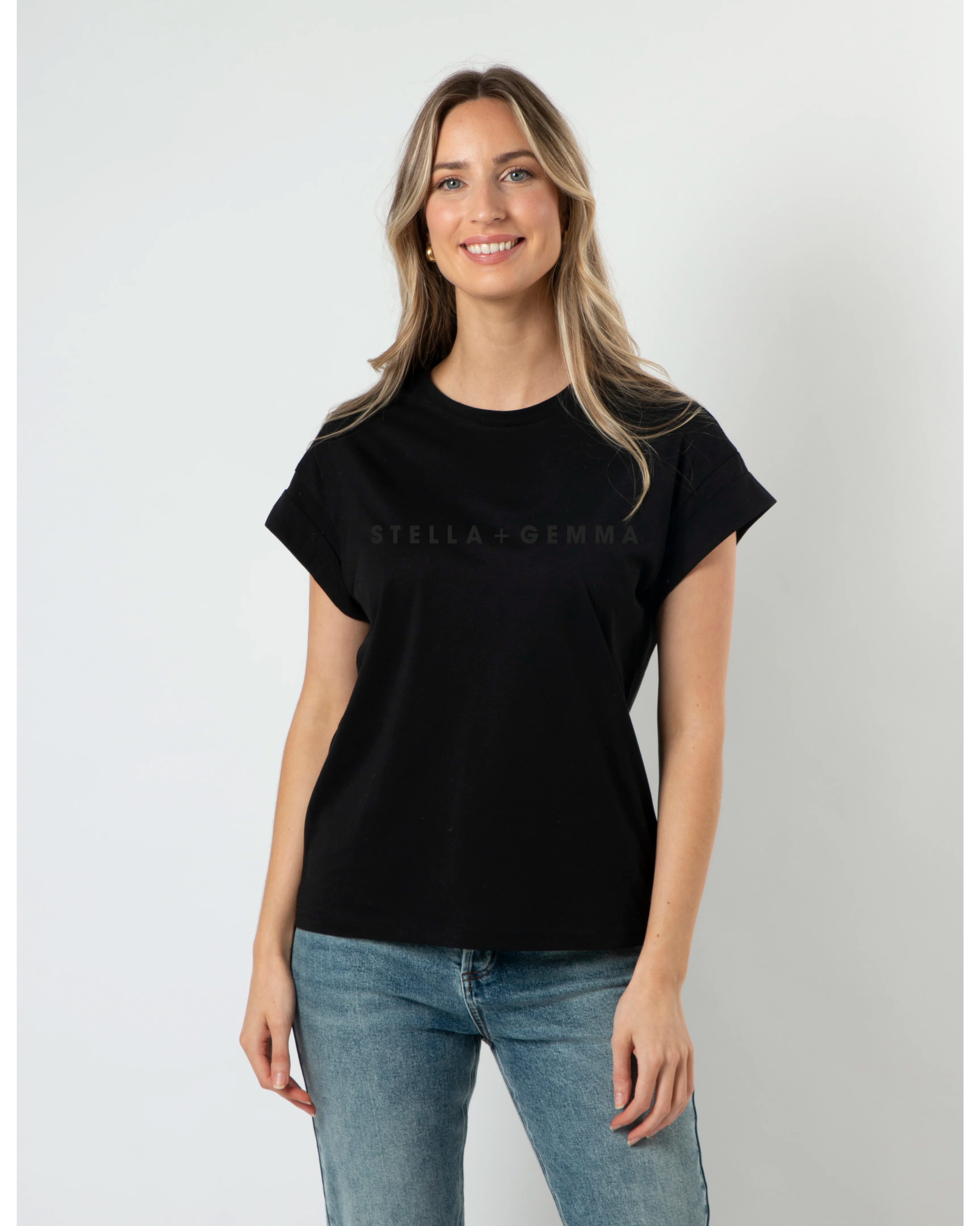 Stella + Gemma - Cuff Sleeve T-Shirt - Black Embroided Logo Print Jacquard Patchwork