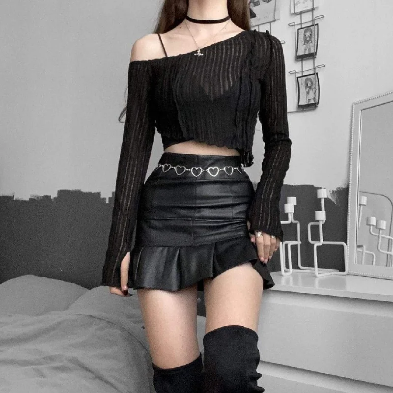 Women's Punk Slash Shoulder Sheer T-shirt Real Fur Shearling Chenille