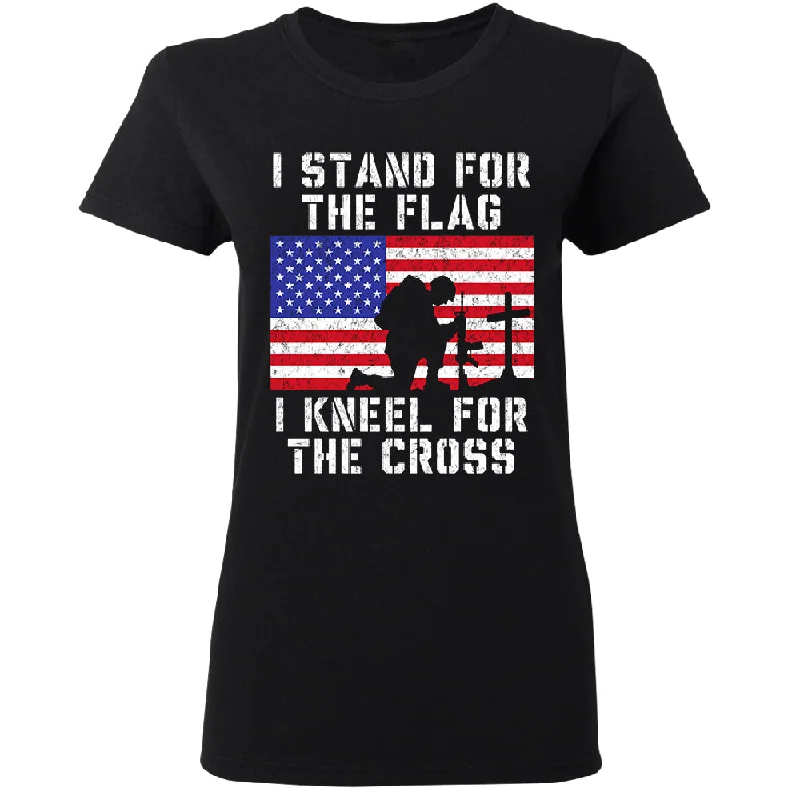 Zexpa Apparelâ„¢ Stand for USA Flag Kneel for Cross Women's T-Shirt Lace Blend Ribbed Blend Corduroy Blend