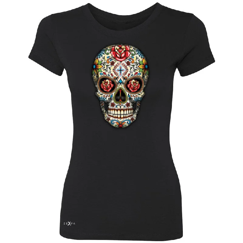 Zexpa Apparelâ„¢ Sugar Skull Red Roses Women's T-shirt Day of Dead Dia de Muertos Tee Notch Collar Peter Pan Collar Cowl Neck