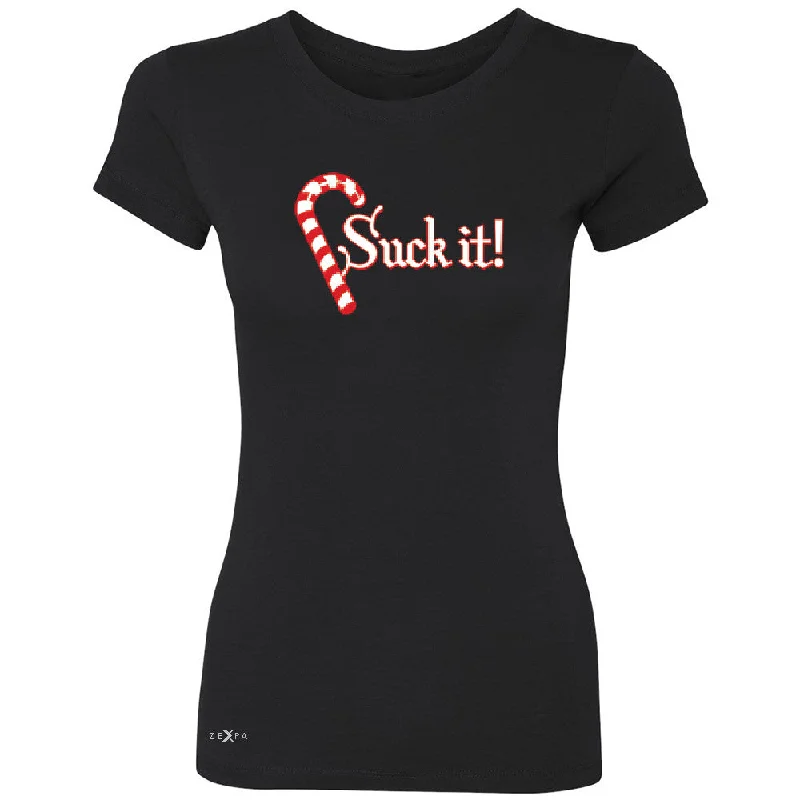 Zexpa Apparelâ„¢ Suck It! Sugar Candy Cane  Women's T-shirt Christmas Xmas Funny Tee Solid Print Embellished