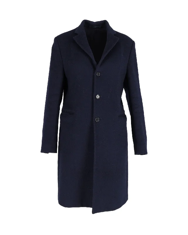 Acne Studios Overcoat in Navy Blue Wool Button-Up Midi Overcoat