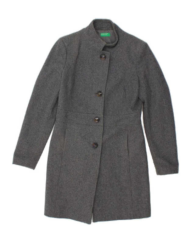 BENETTON Womens Overcoat UK 10 Small Grey Wool Fitted Pea Overcoat