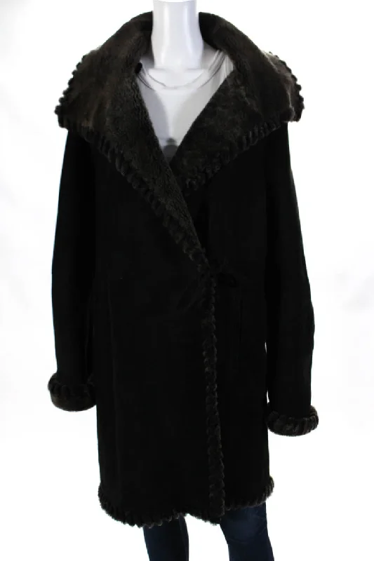 Christina Womens Suede Fur Lined Long Sleeve Tie Front Overcoat Black Modern City Overcoat