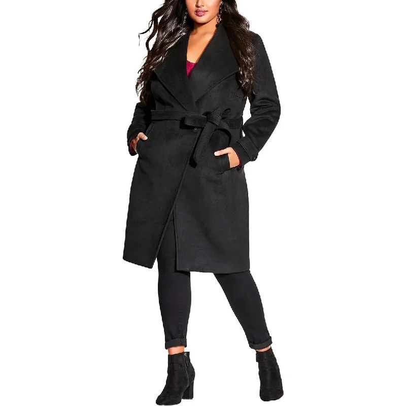 City Chic Womens Belted Heavy Overcoat Waterfall Drape Overcoat