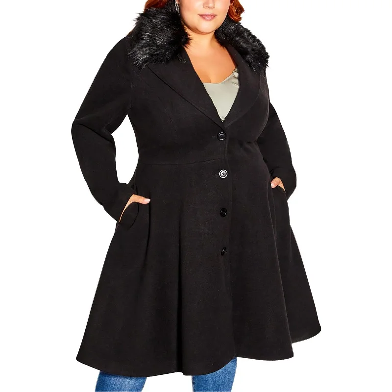 City Chic Womens Jocelyn Faux Fur Trim Polyester Overcoat Belted Waist Overcoat