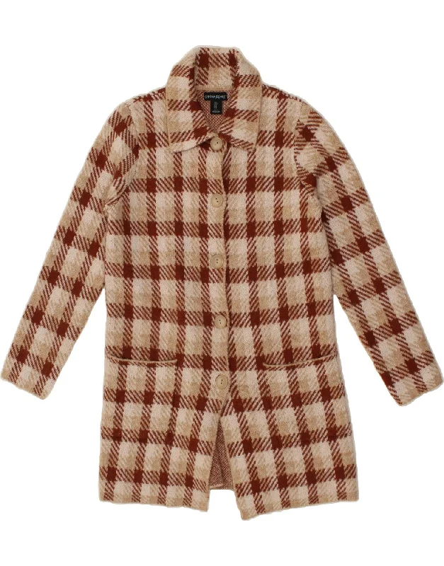 CYNTHIA ROWLEY Womens Overcoat UK 16 Large Beige Check Acrylic Warm Belted Coat