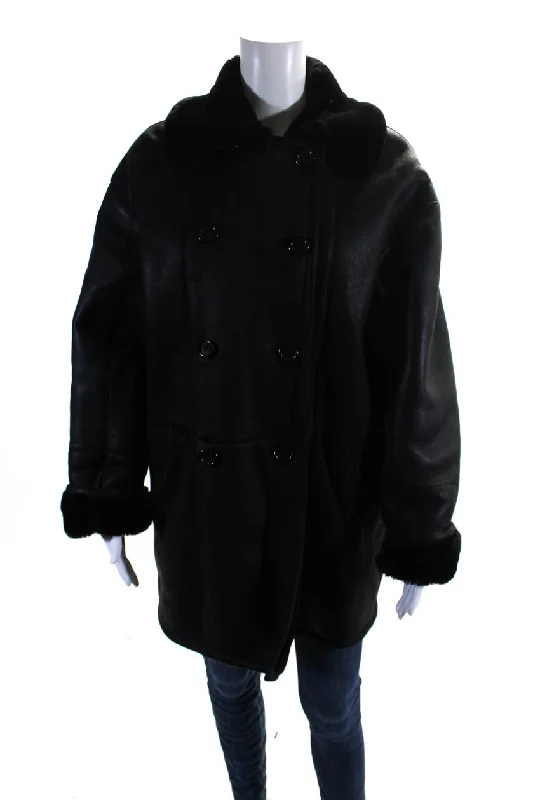 Designer Womens Leather Shearling Lined Button Down Overcoat Black Trendy A-Line Coat