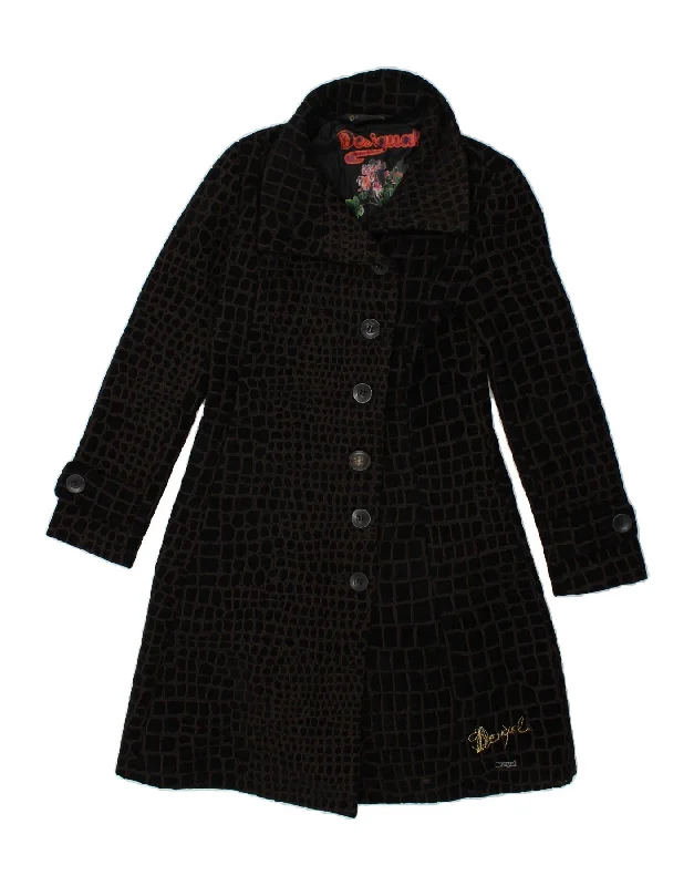 DESIGUAL Womens Overcoat EU 38 Medium Black Animal Print Polyester Plush Teddy Overcoat