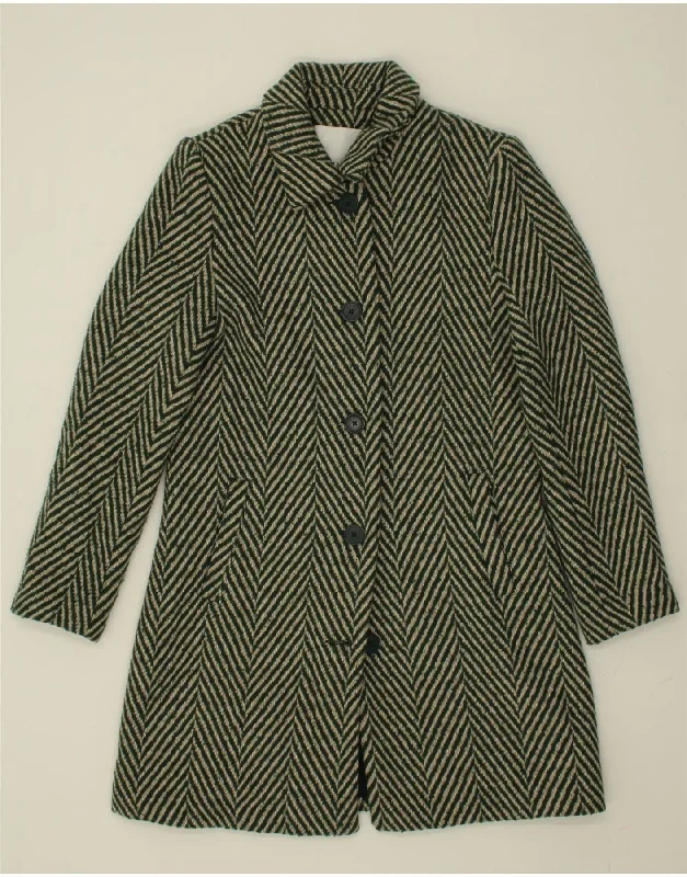 DESIGUAL Womens Overcoat EU 38 Medium Grey Herringbone Wool Wool Tweed Overcoat