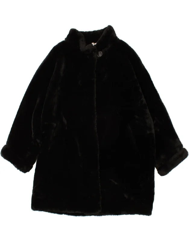 GIANFREDIANI Womens Loose Fit Faux Fur Overcoat IT 46 Large Black Acrylic Chic Slim-Fit Overcoat