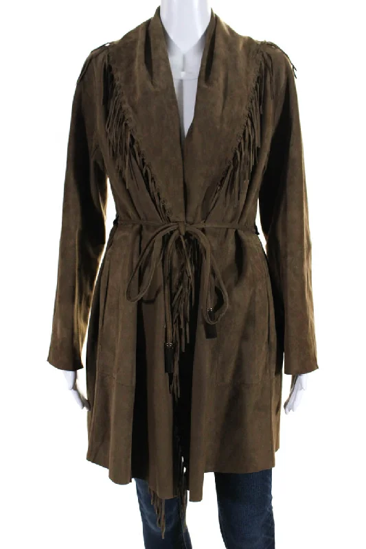 Lafayette 148 New York Womens Suede Fringe Hem Open Front Overcoat Brown Relaxed Knit Overcoat