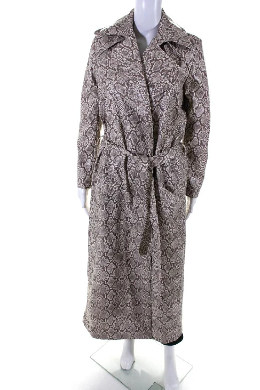 Michael Lo Sordo Women Faux Leather Snakeskin Print Belted Overcoat Brown Velvet Touch Overcoat