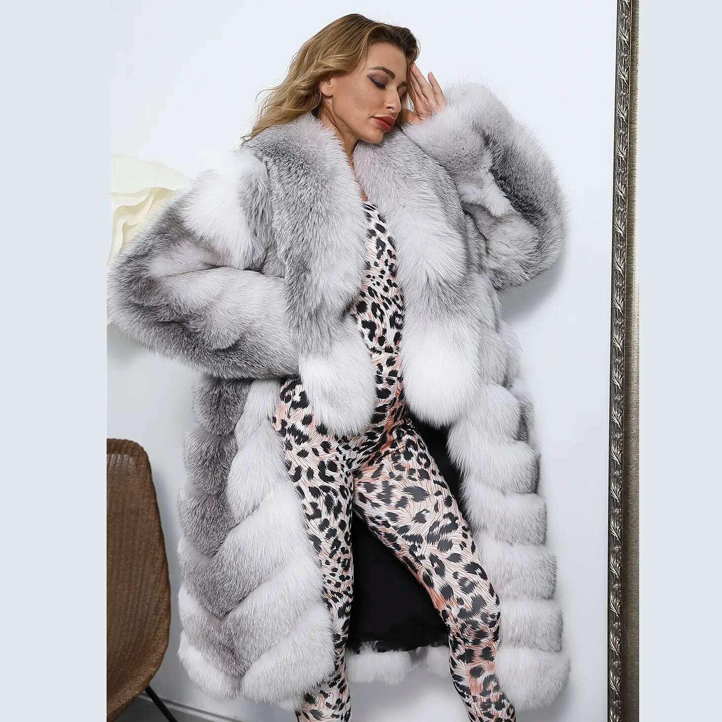 MISSJANEFUR 2022 Luxury Crystal Fox Fur Coat Women Long over the Knee Warm Real Fur Overcoat Winter Women Outwear Natual Fur Bohemian Knit Overcoat